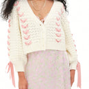 Cardigan corto de manga larga para mujer, sueter de punto con botones, decoracion de corbata de cuello en v de color contrastante