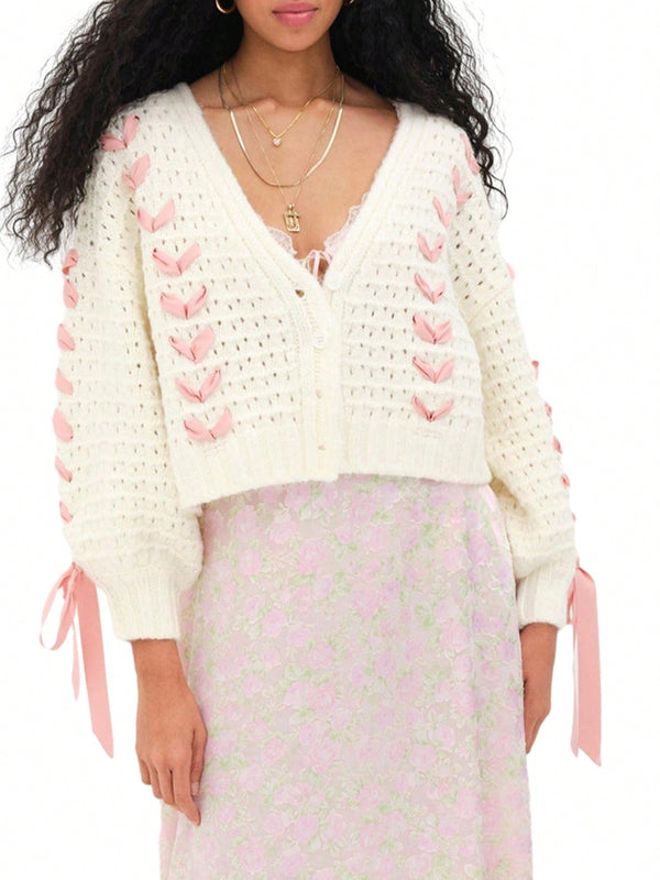 Cardigan corto de manga larga para mujer, sueter de punto con botones, decoracion de corbata de cuello en v de color contrastante