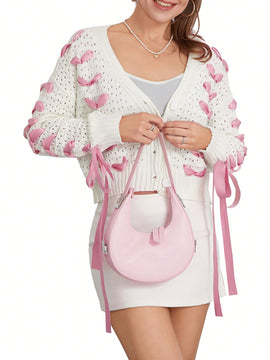 Cardigan corto de manga larga para mujer, sueter de punto con botones, decoracion de corbata de cuello en v de color contrastante