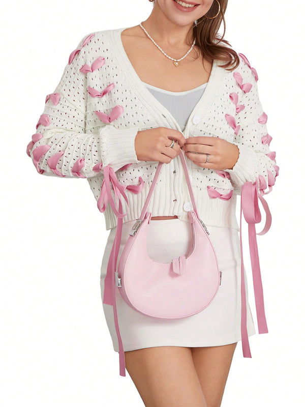 Cardigan corto de manga larga para mujer, sueter de punto con botones, decoracion de corbata de cuello en v de color contrastante