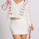 Cardigan corto de manga larga para mujer, sueter de punto con botones, decoracion de corbata de cuello en v de color contrastante