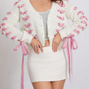 Cardigan corto de manga larga para mujer, sueter de punto con botones, decoracion de corbata de cuello en v de color contrastante