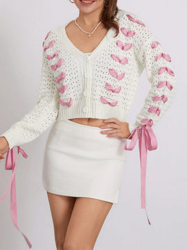 Cardigan corto de manga larga para mujer, sueter de punto con botones, decoracion de corbata de cuello en v de color contrastante