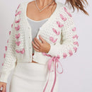 Cardigan corto de manga larga para mujer, sueter de punto con botones, decoracion de corbata de cuello en v de color contrastante