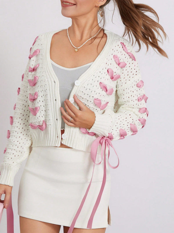 Cardigan corto de manga larga para mujer, sueter de punto con botones, decoracion de corbata de cuello en v de color contrastante