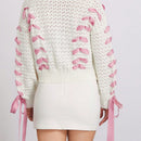 Cardigan corto de manga larga para mujer, sueter de punto con botones, decoracion de corbata de cuello en v de color contrastante