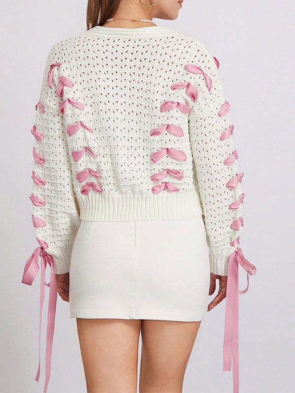 Cardigan corto de manga larga para mujer, sueter de punto con botones, decoracion de corbata de cuello en v de color contrastante