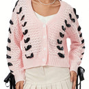 Cardigan corto de manga larga para mujer, sueter de punto con botones, decoracion de corbata de cuello en v de color contrastante