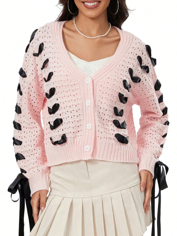 Cardigan corto de manga larga para mujer, sueter de punto con botones, decoracion de corbata de cuello en v de color contrastante