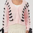 Cardigan corto de manga larga para mujer, sueter de punto con botones, decoracion de corbata de cuello en v de color contrastante