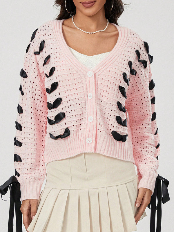 Cardigan corto de manga larga para mujer, sueter de punto con botones, decoracion de corbata de cuello en v de color contrastante