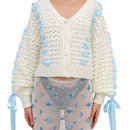Cardigan corto de manga larga para mujer, sueter de punto con botones, decoracion de corbata de cuello en v de color contrastante