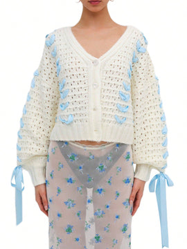 Cardigan corto de manga larga para mujer, sueter de punto con botones, decoracion de corbata de cuello en v de color contrastante