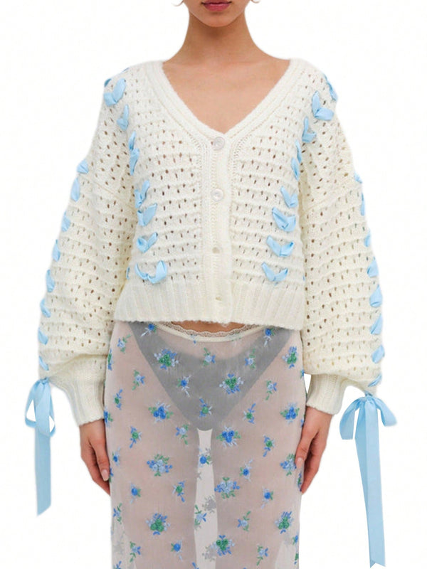 Cardigan corto de manga larga para mujer, sueter de punto con botones, decoracion de corbata de cuello en v de color contrastante