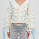 Cardigan corto de manga larga para mujer, sueter de punto con botones, decoracion de corbata de cuello en v de color contrastante