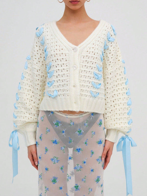 Cardigan corto de manga larga para mujer, sueter de punto con botones, decoracion de corbata de cuello en v de color contrastante