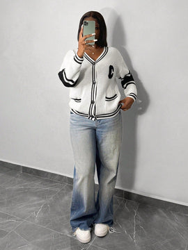 Slayr cardigan de punto con bloque de color y letras de estilo minimalista y casual