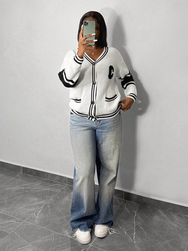 Slayr cardigan de punto con bloque de color y letras de estilo minimalista y casual