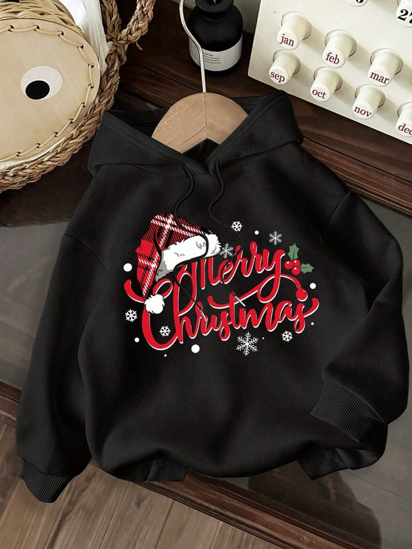 Ezwear sudadera con capucha de ajuste holgado y gruesa con estampado minimalista "feliz ano nuevo" de color rojo casual para mujer