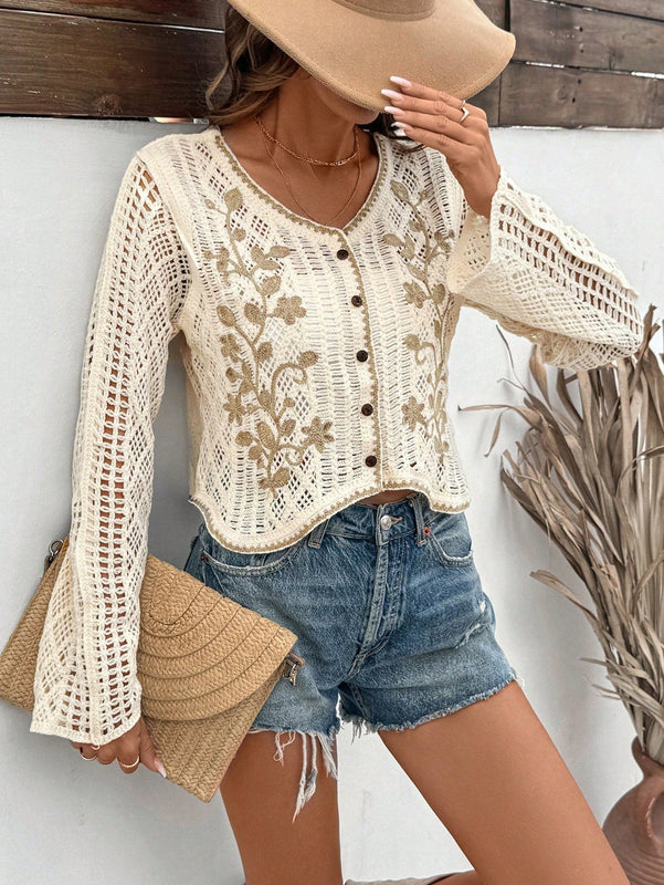 Vcay cardigan de mujer de manga larga con cuello en v bordado, para otono/invierno