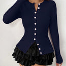 Moosta mujer chaqueta de punto de unicolor con cuello redondo, manga larga, de abotonadura sencilla, versatil y de moda, para otono/invierno