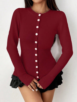 Moosta mujer chaqueta de punto de unicolor con cuello redondo, manga larga, de abotonadura sencilla, versatil y de moda, para otono/invierno