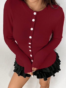 Moosta mujer chaqueta de punto de unicolor con cuello redondo, manga larga, de abotonadura sencilla, versatil y de moda, para otono/invierno