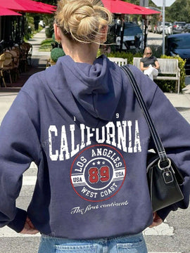 Sudadera con capucha casual de mujer con emblema grafico california y eslogan, azul, para otono/invierno