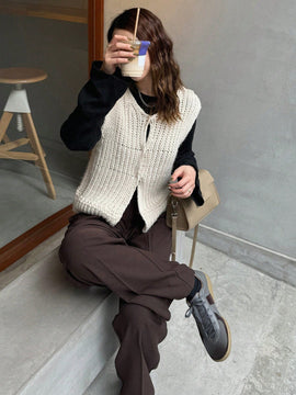 Friful chaleco tipo cardigan casual y suelto de un solo boton de color solido para mujer, para otono/invierno