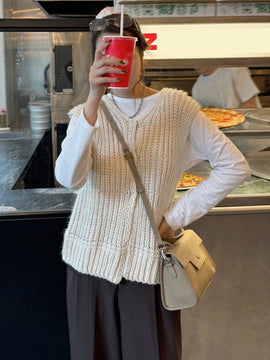 Friful chaleco tipo cardigan casual y suelto de un solo boton de color solido para mujer, para otono/invierno