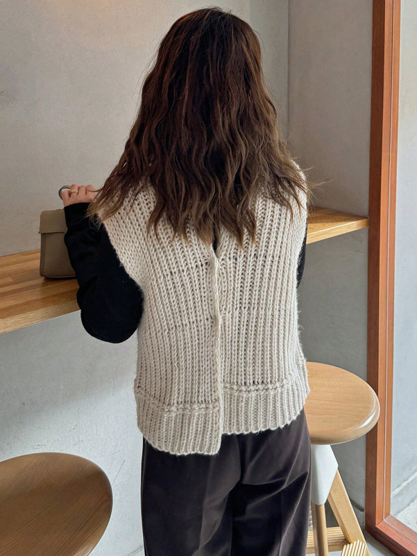 Friful chaleco tipo cardigan casual y suelto de un solo boton de color solido para mujer, para otono/invierno