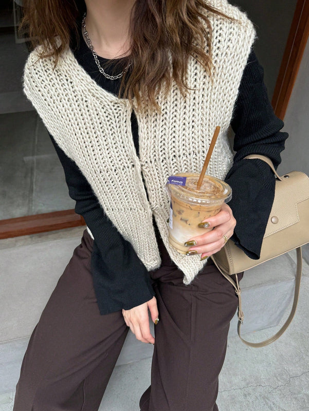 Friful chaleco tipo cardigan casual y suelto de un solo boton de color solido para mujer, para otono/invierno