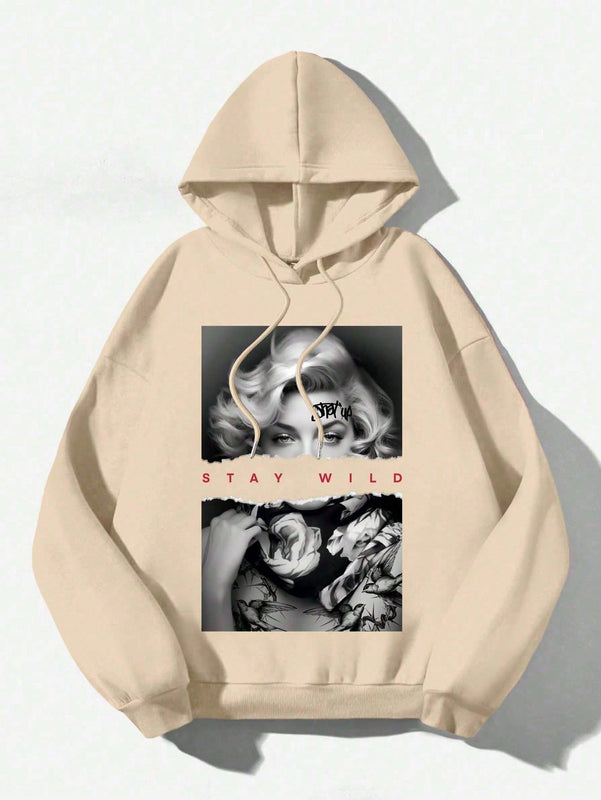 Ezwear sudadera informal tipo streetwear con lema, con corte holgado, estampado negro y rosa, para mujer, otono invierno