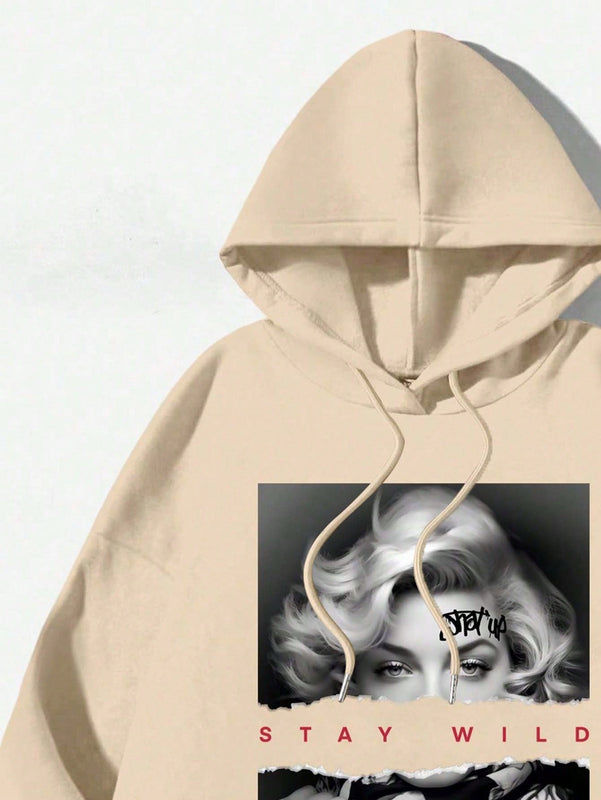 Ezwear sudadera informal tipo streetwear con lema, con corte holgado, estampado negro y rosa, para mujer, otono invierno