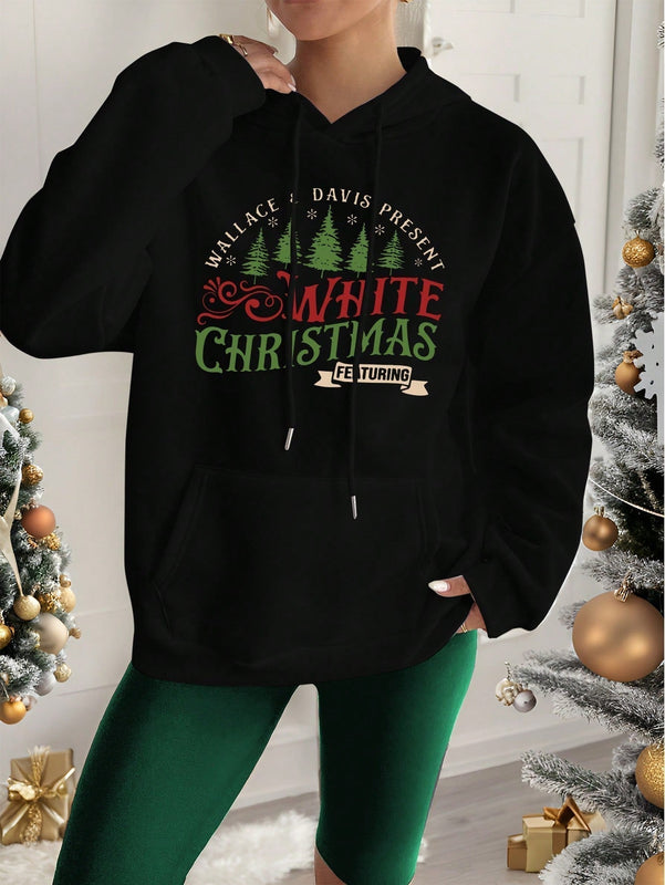 Ezwear sudadera con capucha de manga larga minimalista con estampado de letras para mujer, uso casual diario, parte superior navidena