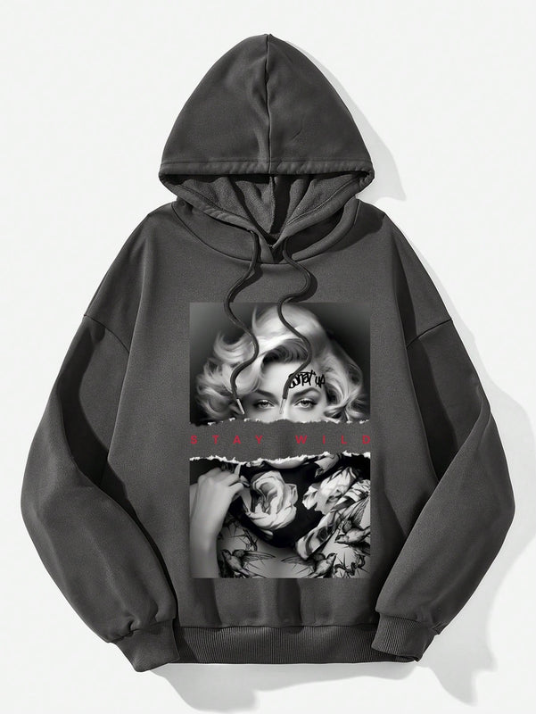 Ezwear sudadera informal tipo streetwear con lema, con corte holgado, estampado negro y rosa, para mujer, otono invierno