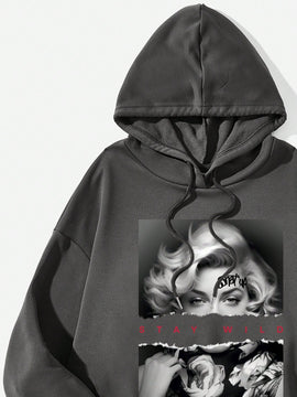 Ezwear sudadera informal tipo streetwear con lema, con corte holgado, estampado negro y rosa, para mujer, otono invierno