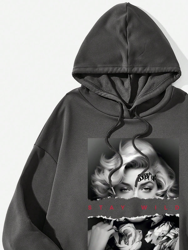 Ezwear sudadera informal tipo streetwear con lema, con corte holgado, estampado negro y rosa, para mujer, otono invierno