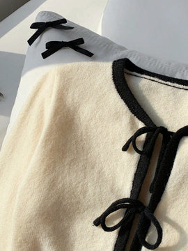 Ezwear cardigan corto informal con bloqueo de color, corbata y borde para otono/invierno