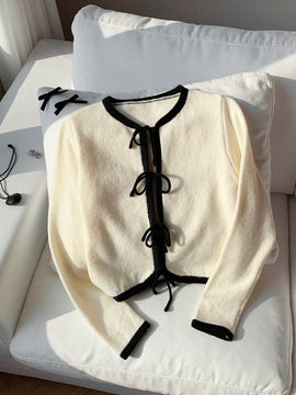 Ezwear cardigan corto informal con bloqueo de color, corbata y borde para otono/invierno