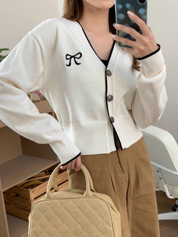 Dazy camisa casual de manga larga con bloques de color, decoracion de lazo e impresion de botones para mujer