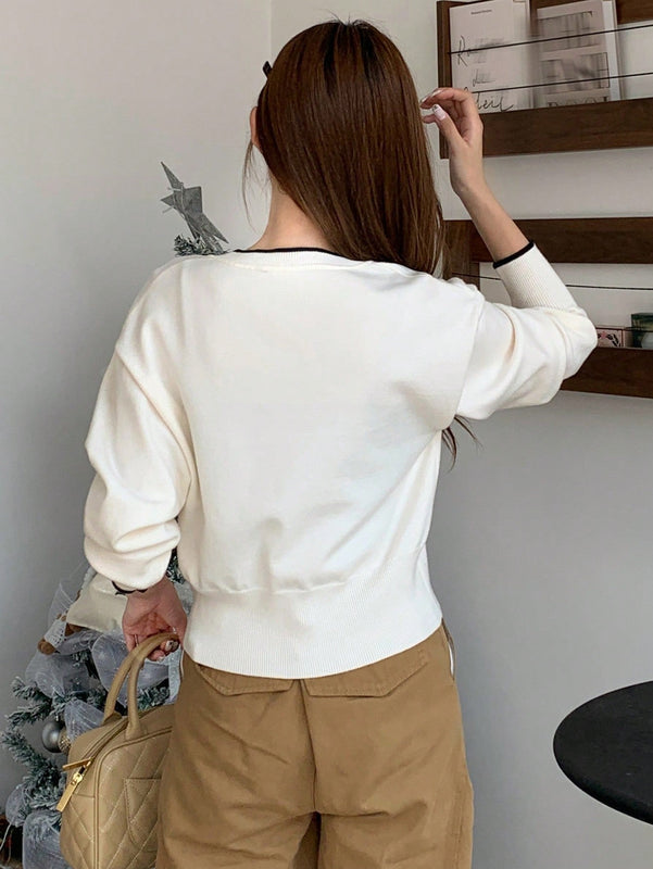 Dazy camisa casual de manga larga con bloques de color, decoracion de lazo e impresion de botones para mujer
