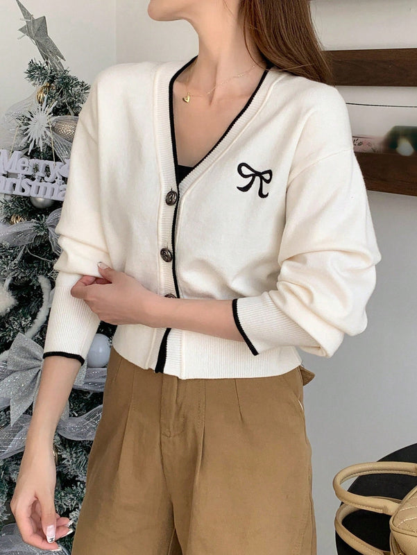 Dazy camisa casual de manga larga con bloques de color, decoracion de lazo e impresion de botones para mujer