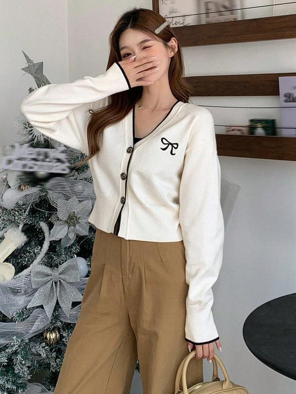 Dazy camisa casual de manga larga con bloques de color, decoracion de lazo e impresion de botones para mujer