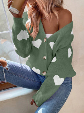 Essnce cardigan informal holgado monobotonadura de manga larga con caida en los hombros y estampado de corazon para mujer, otono/invierno