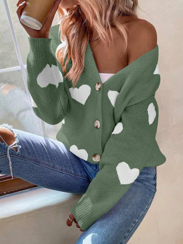 Essnce cardigan informal holgado monobotonadura de manga larga con caida en los hombros y estampado de corazon para mujer, otono/invierno