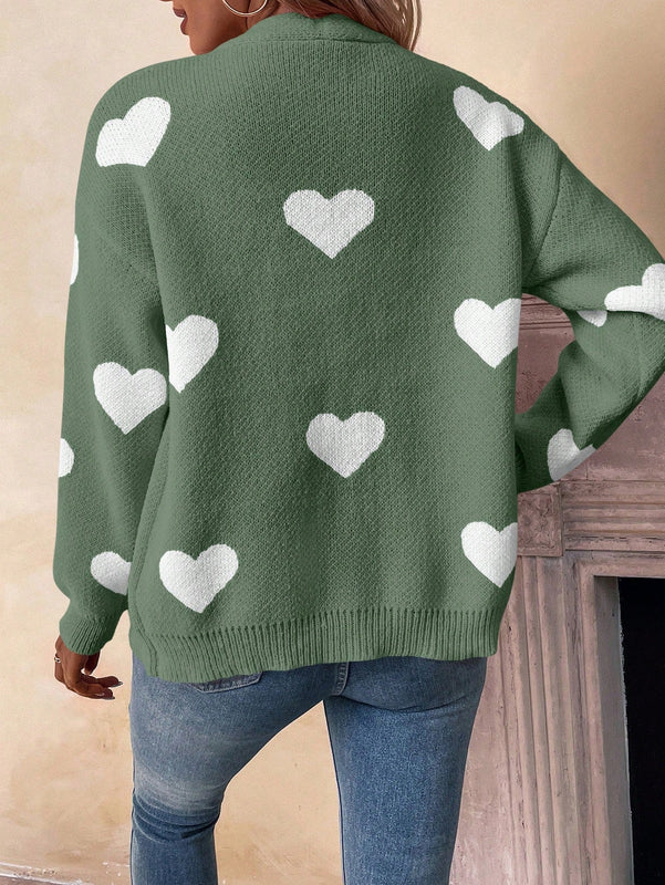 Essnce cardigan informal holgado monobotonadura de manga larga con caida en los hombros y estampado de corazon para mujer, otono/invierno