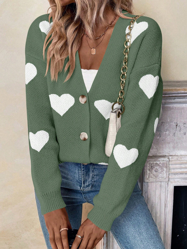 Essnce cardigan informal holgado monobotonadura de manga larga con caida en los hombros y estampado de corazon para mujer, otono/invierno