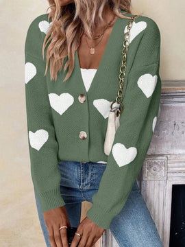 Essnce sueter de cardigan grueso y calido con patron de corazones verdes y blancos para mujer