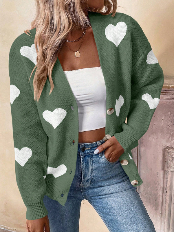 Essnce cardigan informal holgado monobotonadura de manga larga con caida en los hombros y estampado de corazon para mujer, otono/invierno